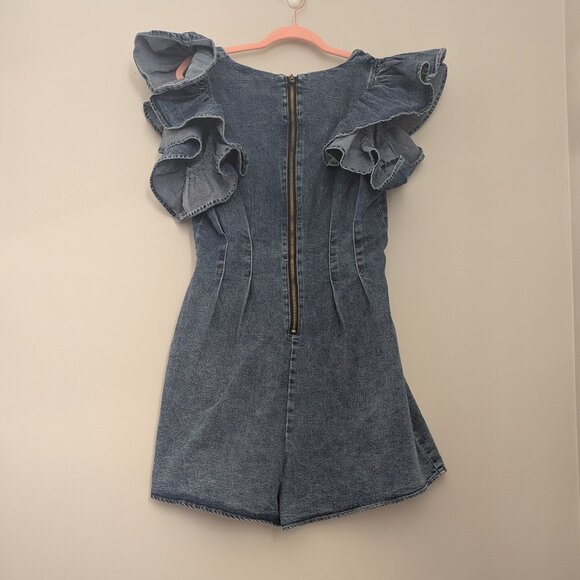 Denim Ruffle Sleeve Jumpsuit - Picture 1 of 9